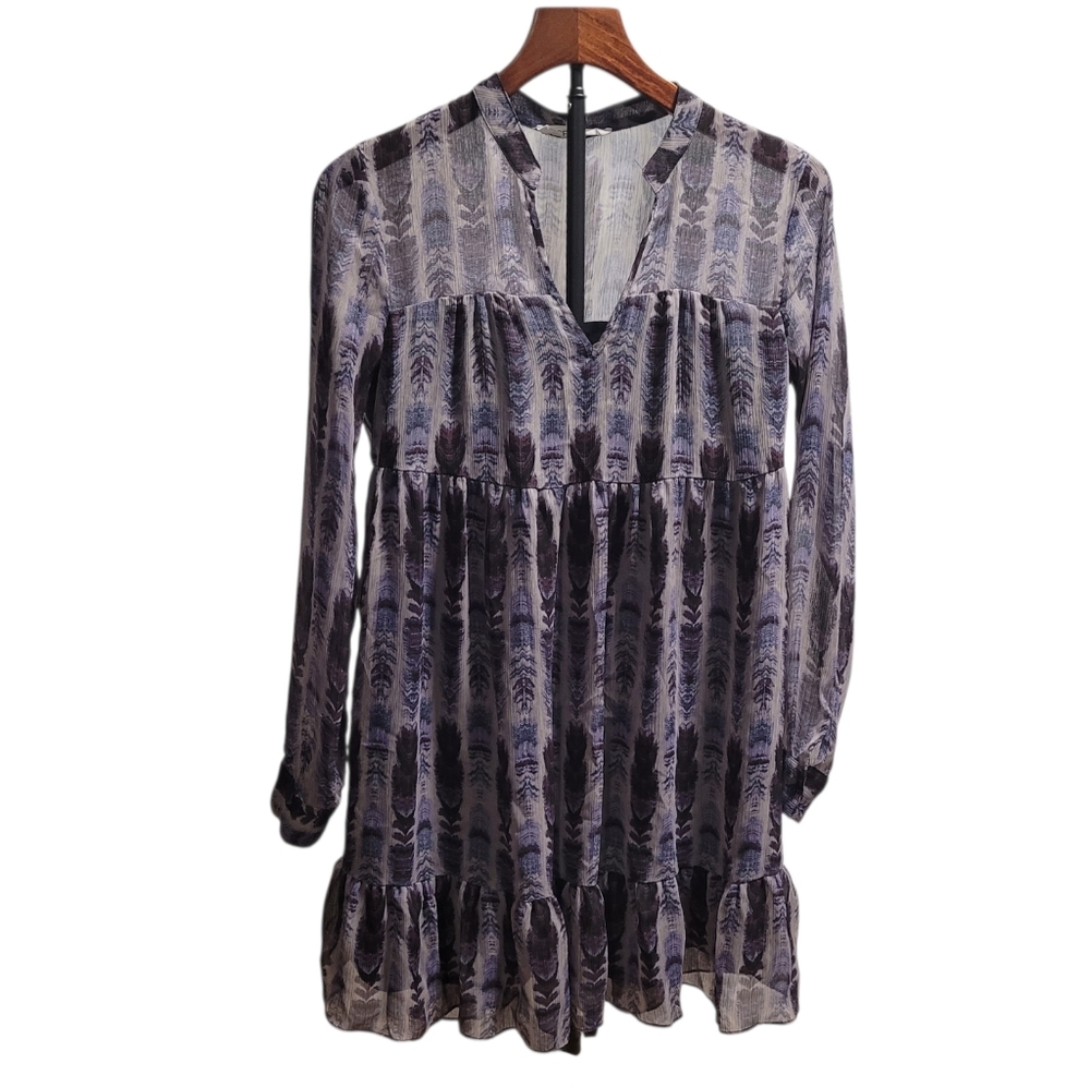 Fairy Grunge Babydoll Mini Dress XS Purple Feather Print‎ Chiffon Indie Sleaze